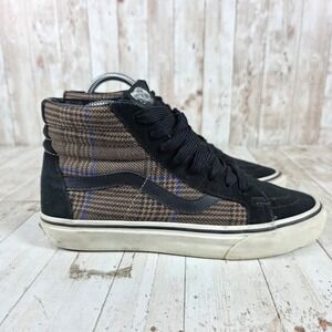 Vans Sk8-Hi High Top Sneakers Black Suede Brown Plaid Glen Check Womens 8.5
